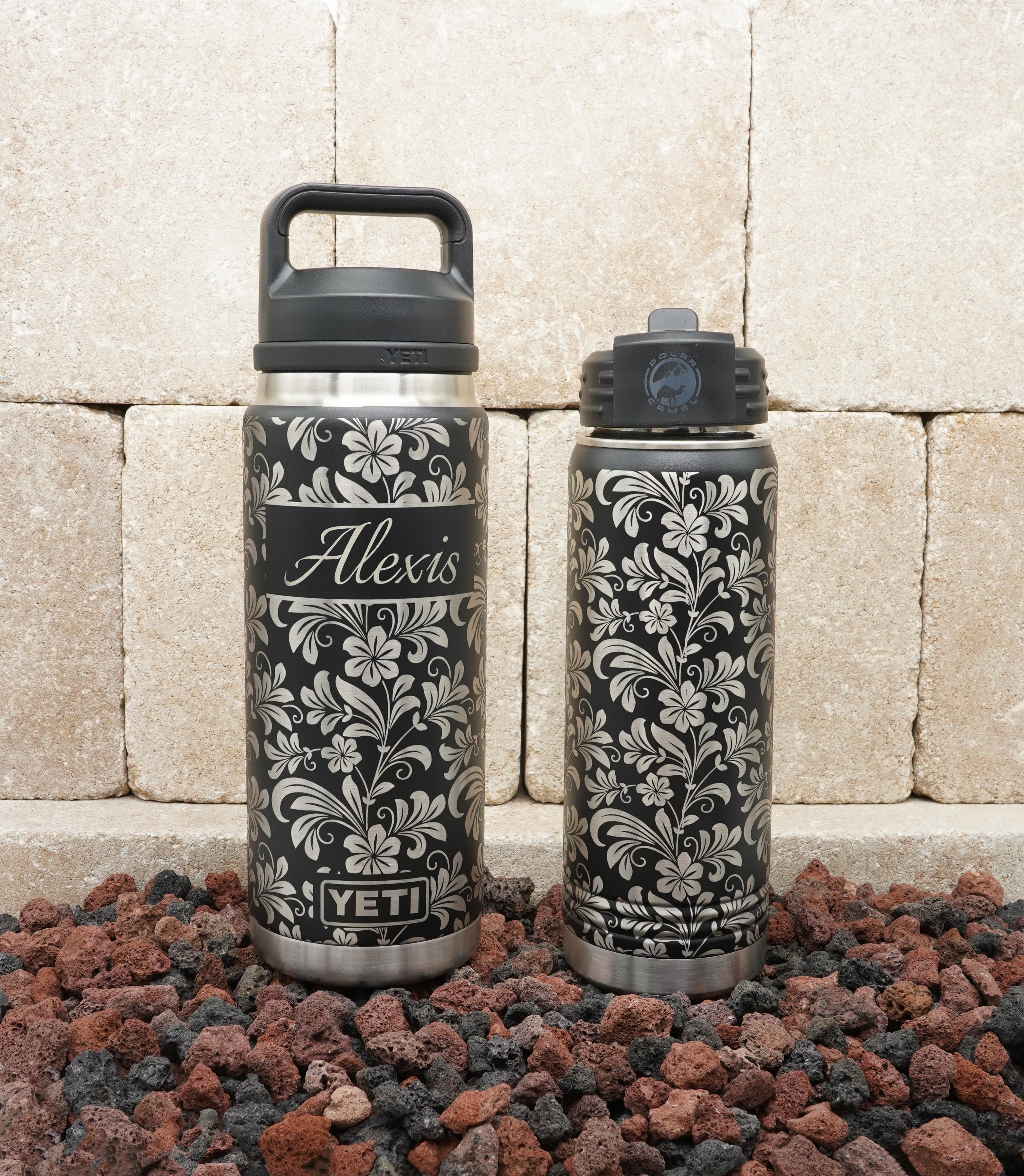 Laser Engraved YETI® or Polar Camel Water Bottle with Hibiscus Flower Wrap-Around Design