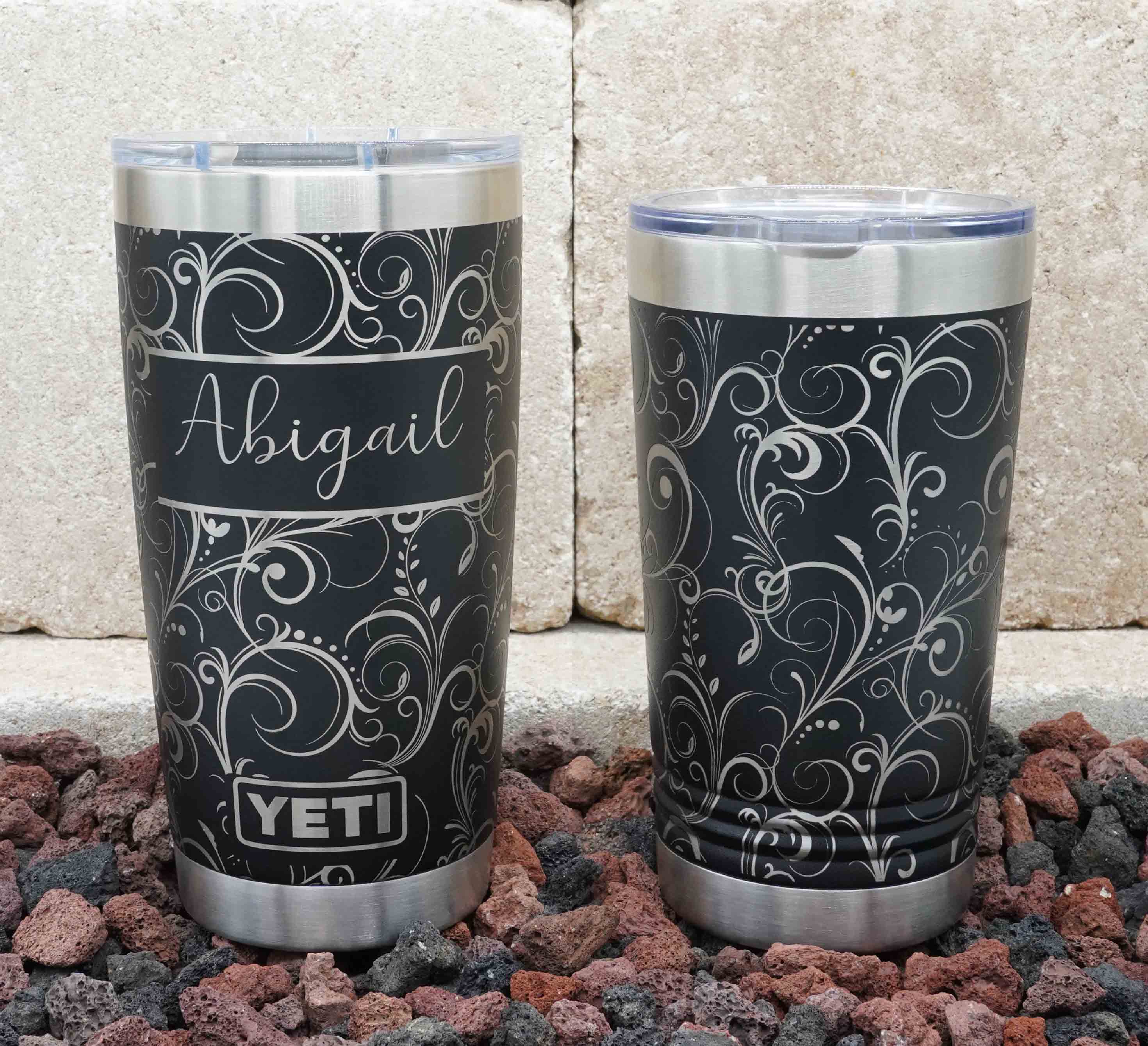 Laser Engraved YETI® or Polar Camel Tumbler with Flourish Wrap-Around Design