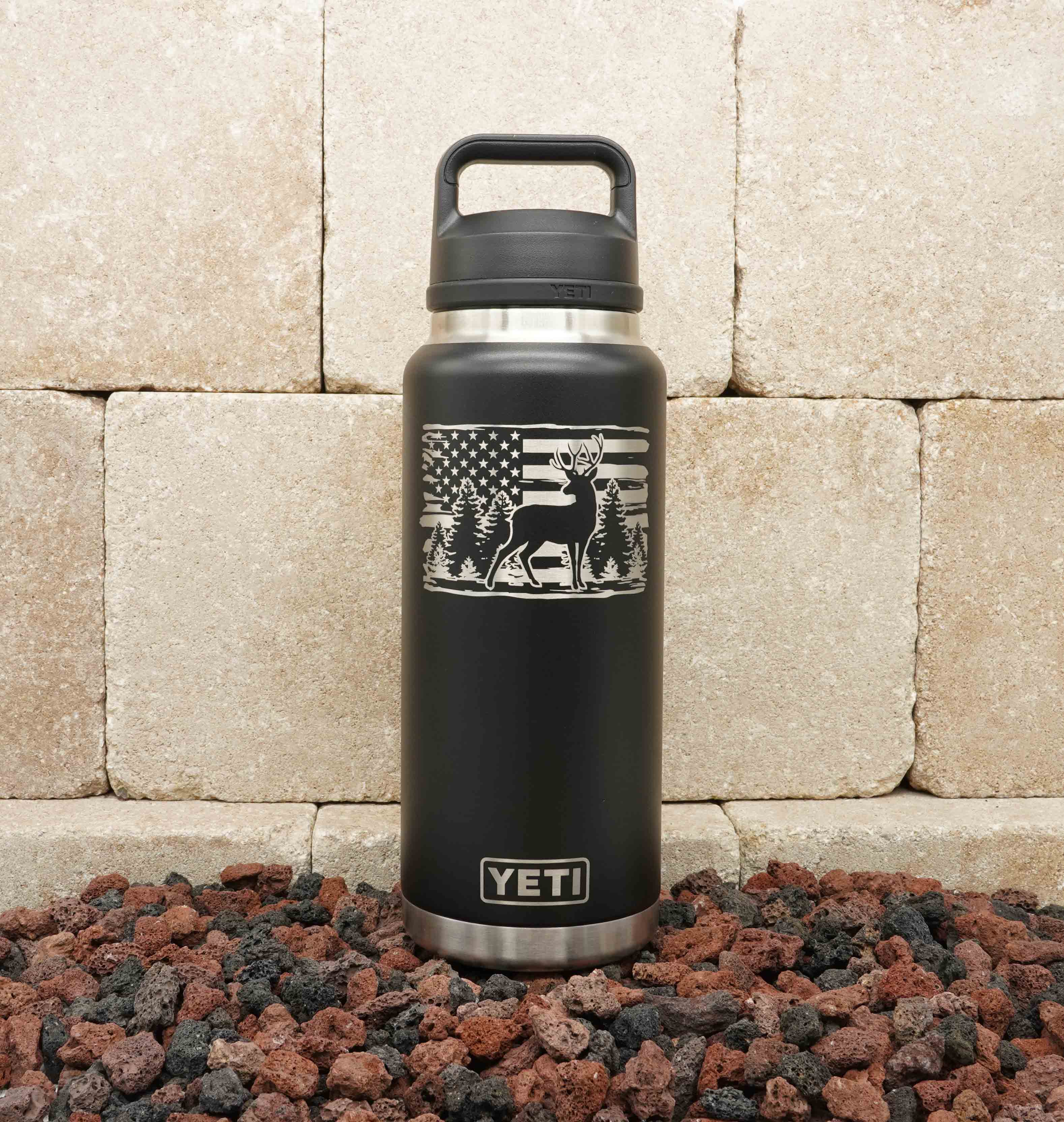 REAL YETI 36 Oz. Laser Engraved Black Yeti Rambler Bottle With