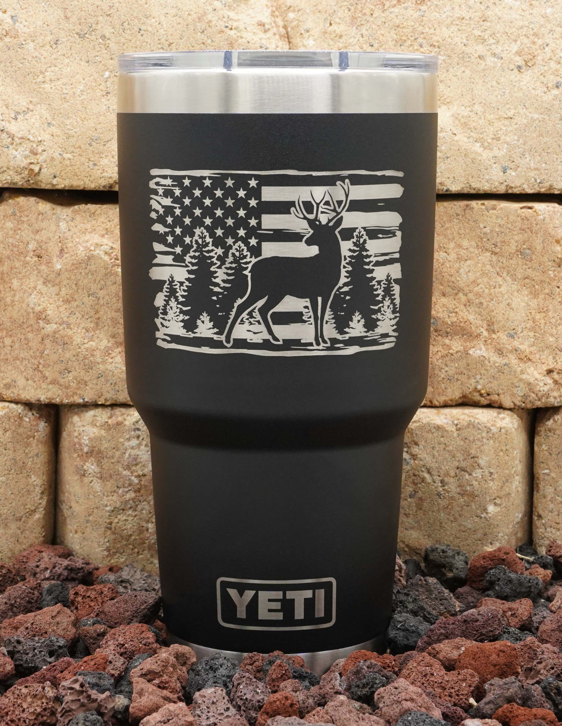 Laser Engraved YETI® or Polar Camel Tumbler - Deer with American Flag