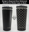 Ice Shaker Flex Bottle shown with embossed Ice Shaker logo on back (design is engraved on top of the logo).