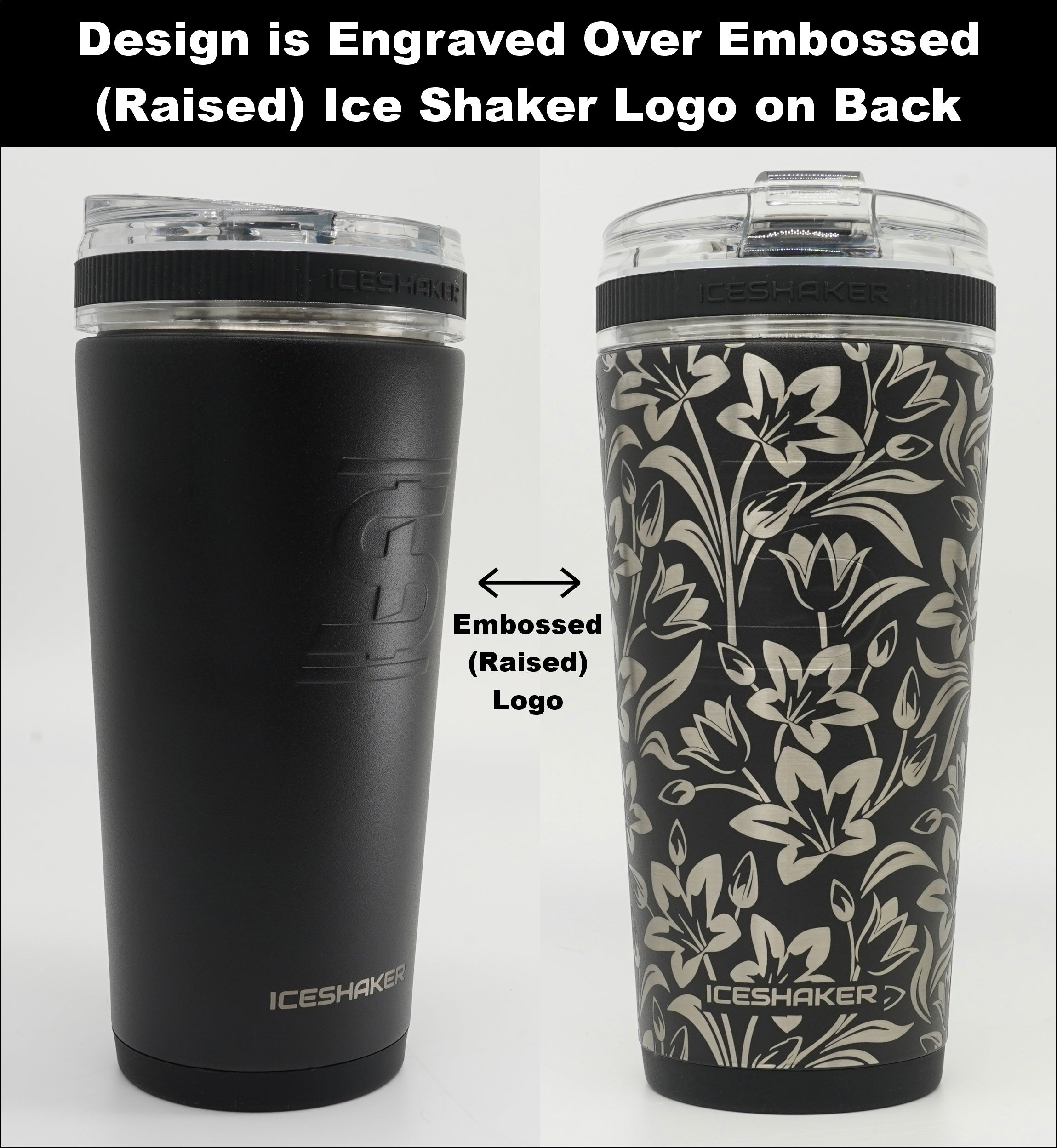 Ice Shaker Flex Bottle shown with embossed Ice Shaker logo on back (design is engraved on top of the logo).