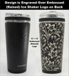 Ice Shaker Flex Bottle shown with embossed Ice Shaker logo on back (design is engraved on top of the logo).