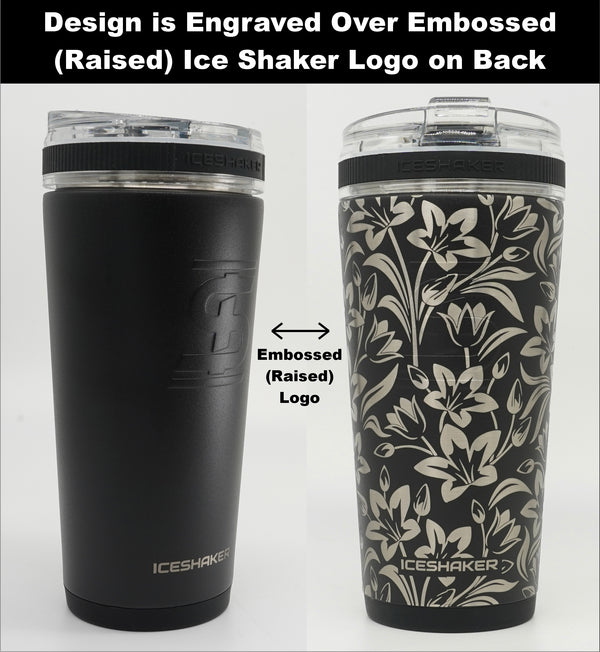 Ice Shaker Flex Bottle shown with embossed Ice Shaker logo on back (design is engraved on top of the logo).