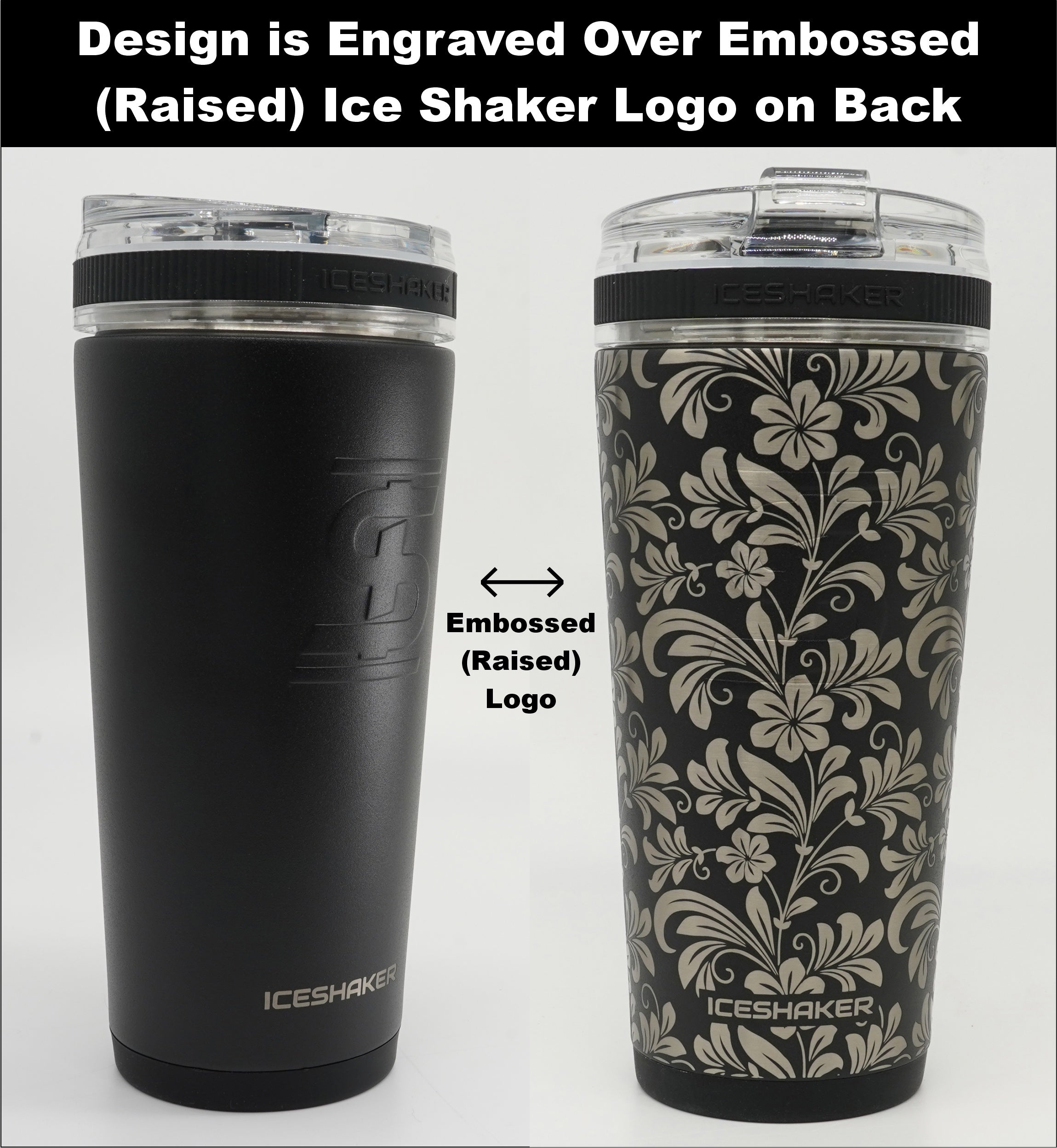 Ice Shaker Flex Bottle shown with embossed Ice Shaker logo on back (design is engraved on top of the logo).