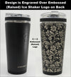 Ice Shaker Flex Bottle shown with embossed Ice Shaker logo on back (design is engraved on top of the logo).