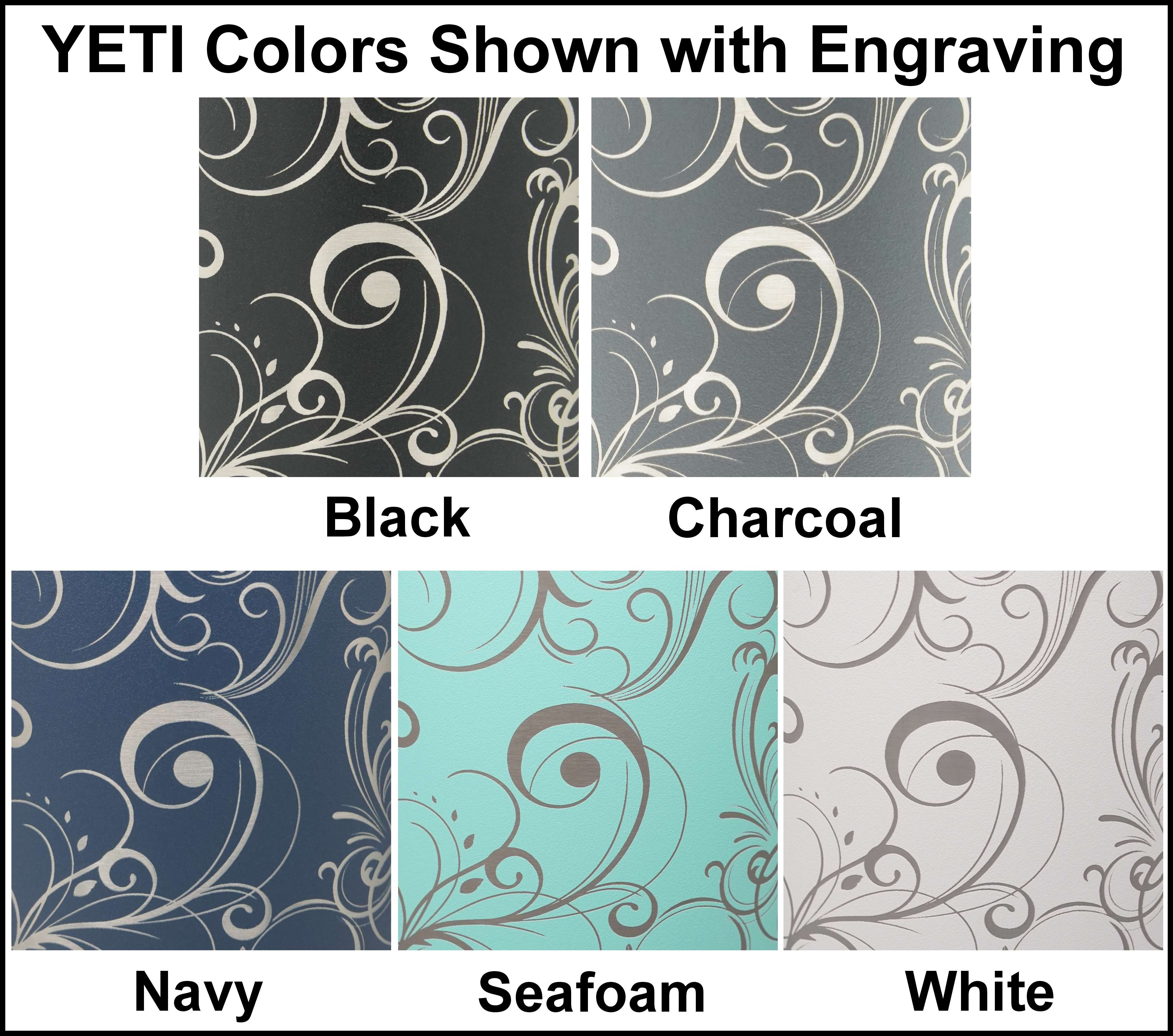 Laser engraved flourish pattern shown in each Yeti tumbler color.
