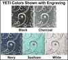 Laser engraved flourish pattern shown in each Yeti tumbler color.