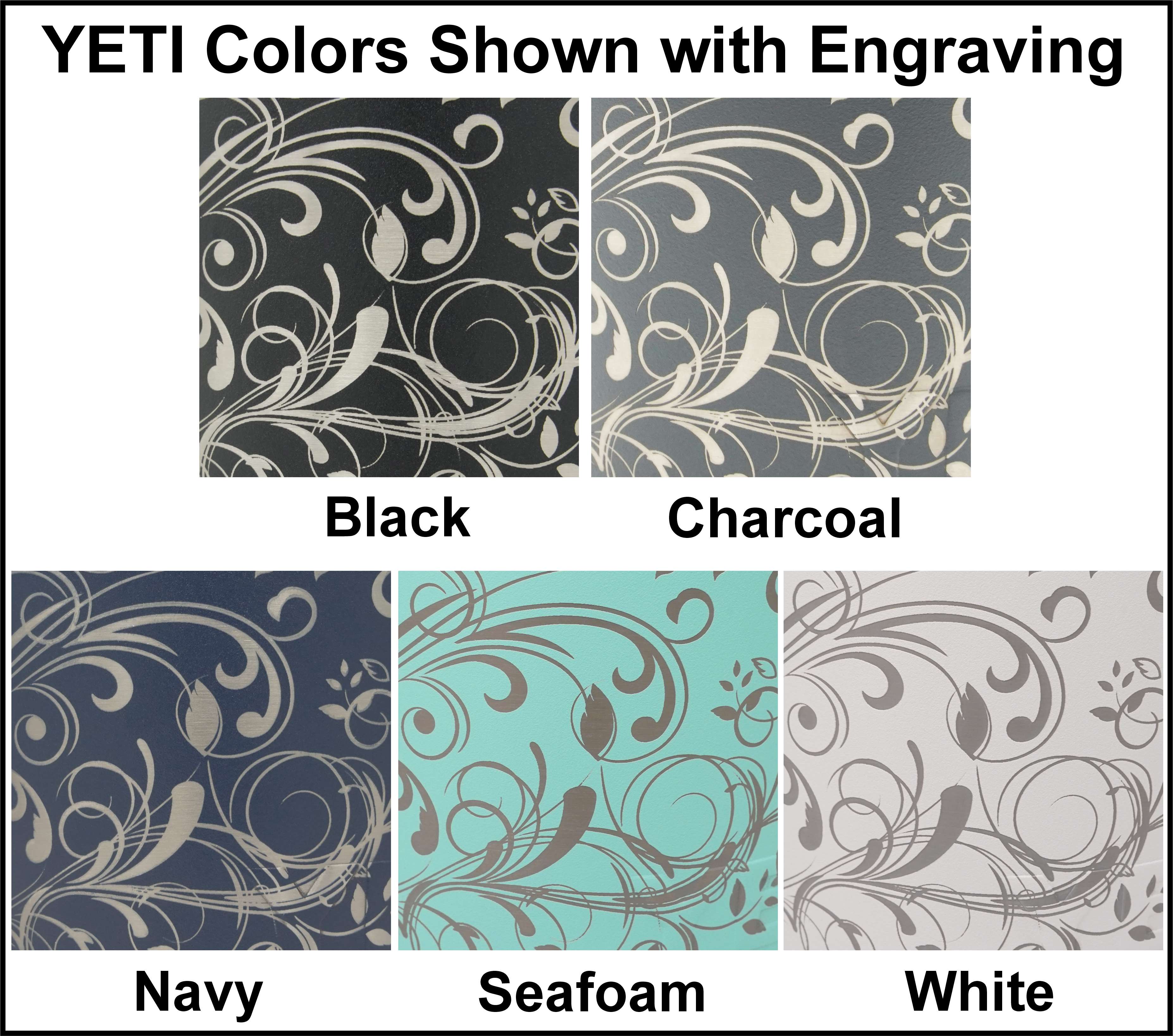 Laser engraved fancy flourish pattern shown in each Yeti tumbler color.