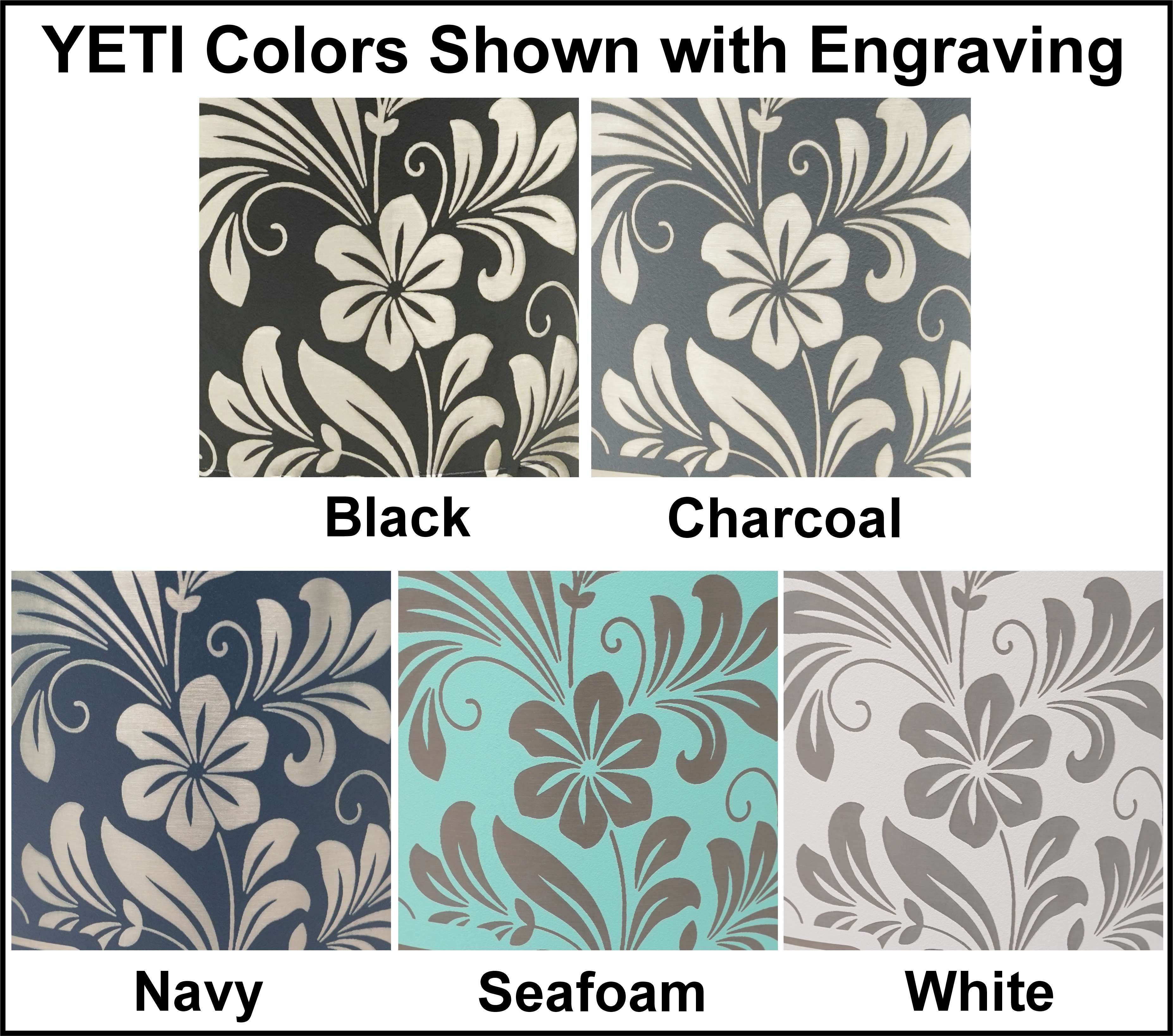 Laser engraved hibiscus flower pattern shown in each Yeti tumbler color.