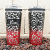 Ice Shaker Flex Bottle laser engraved with lily pattern shown in red/black two-tone finish with firepit scene.