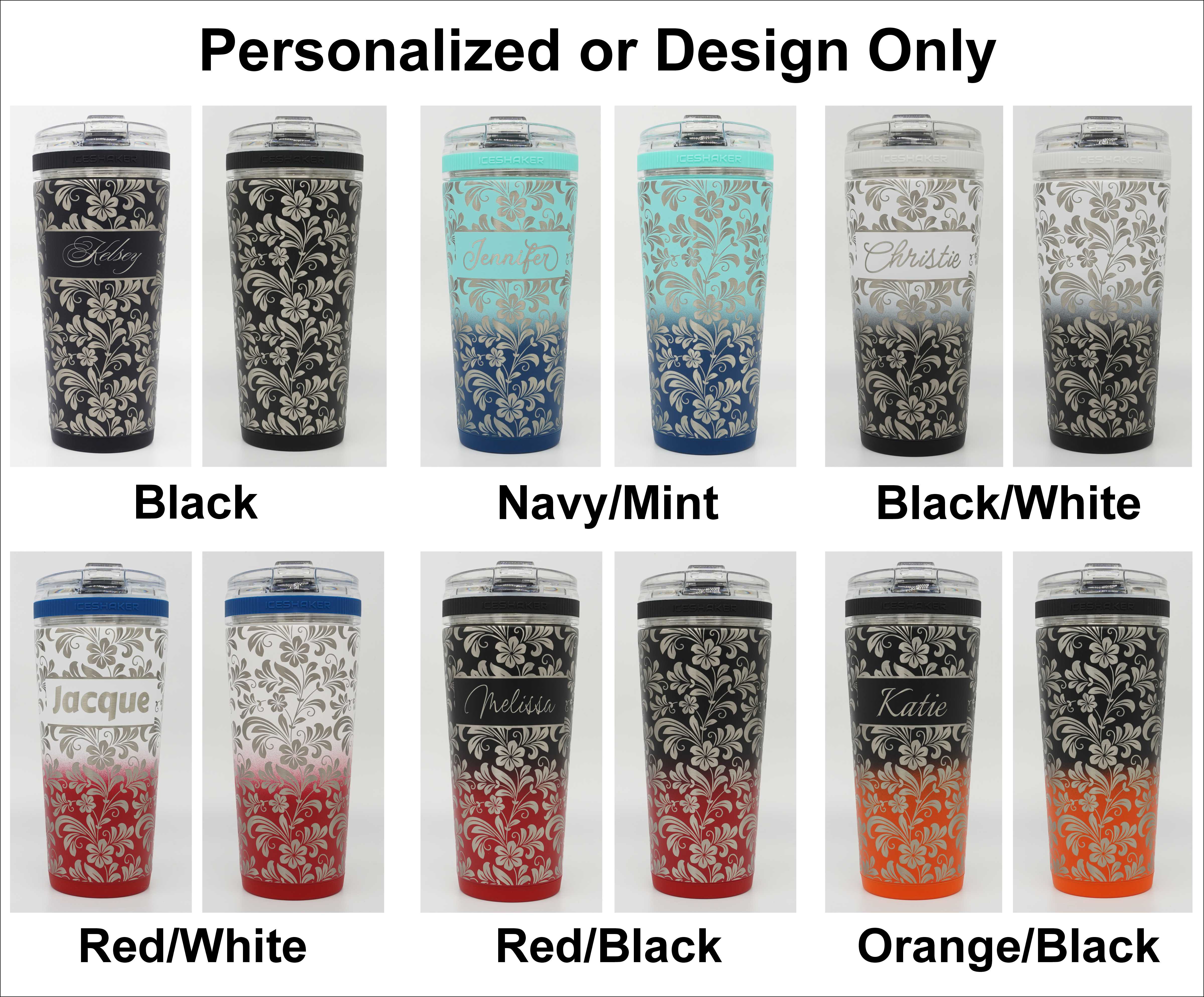 Ice Shaker Flex Bottles engraved with hibiscus flower pattern, shown with and without personalization in each color.