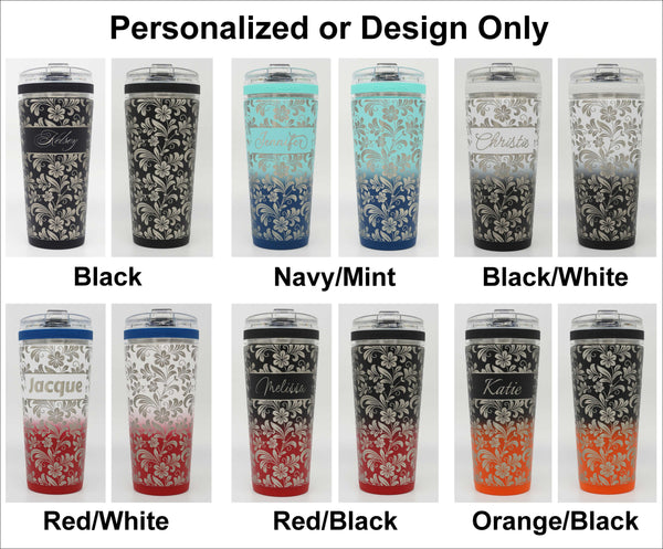 Ice Shaker Flex Bottles engraved with hibiscus flower pattern, shown with and without personalization in each color.