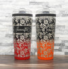 Ice Shaker Flex Bottle laser engraved with hibiscus flower pattern, shown both personalized and with just the design, in the black/red two-tone finish and black/orange two-tone finish.