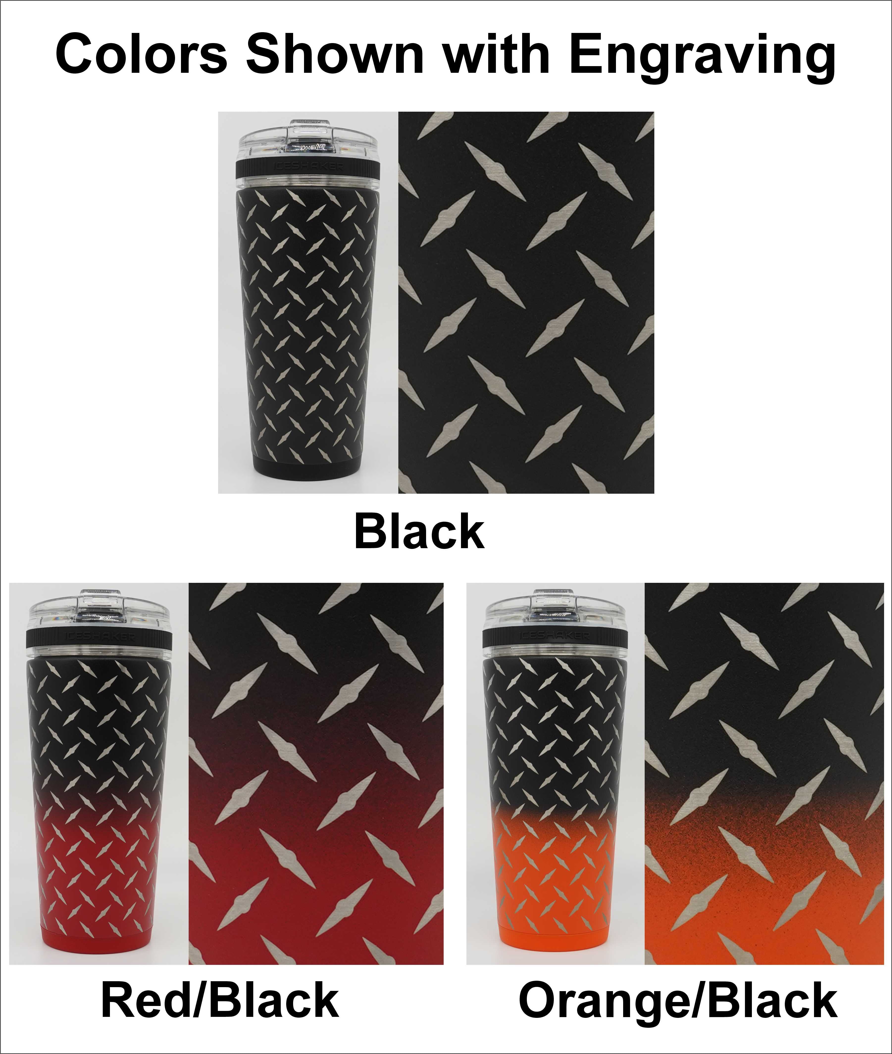 Ice Shaker Flex Bottles laser engraved with toolbox diamond pattern shown in each color: black, red/black, and orange/black.