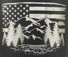 Zoom-in of laser engraved mountains over riverbed with trees with distressed American flag scene.