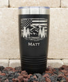 20oz Polar Camel laser engraved with mountains over a riverbed with trees with distressed American Flag in the background shown with personalization.