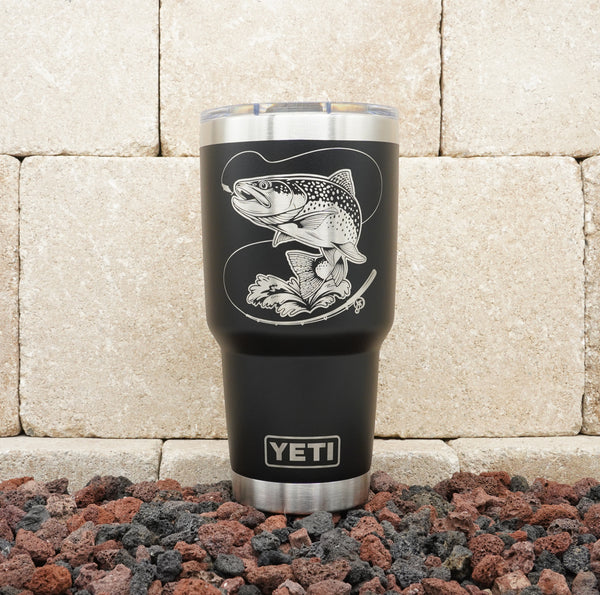 30oz YETI laser engraved with trout fishing scene.