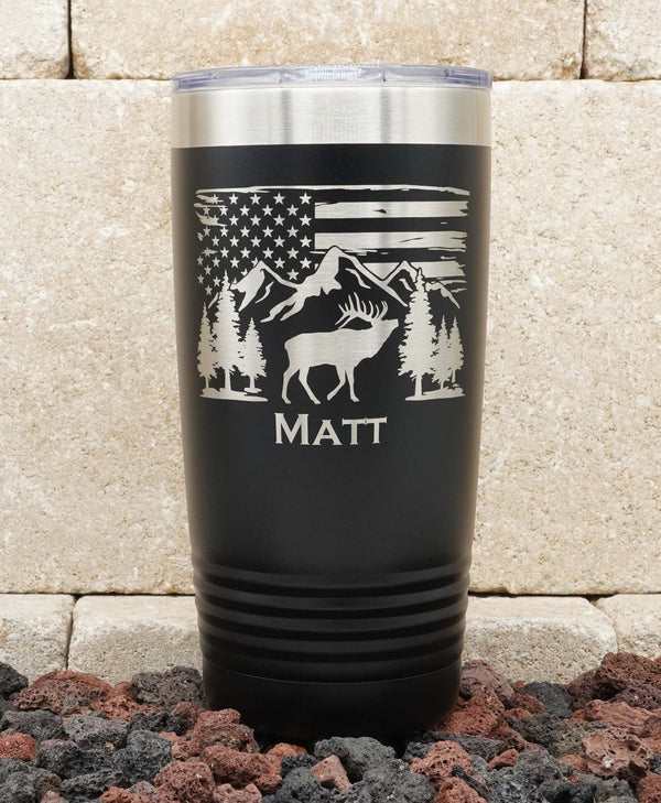 Laser Engraved YETI® or Polar Camel Tumbler Elk in Mountains with American Flag Outdoors Scene