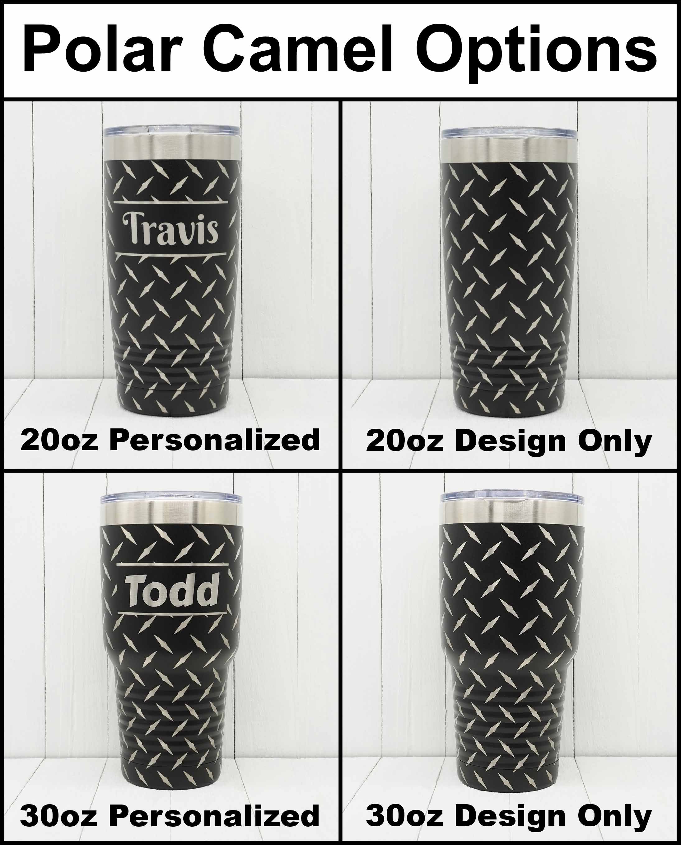 Polar Camel tumblers in 30oz and 20oz showing laser engraving with toolbox diamond pattern both with the design only and with a name added.