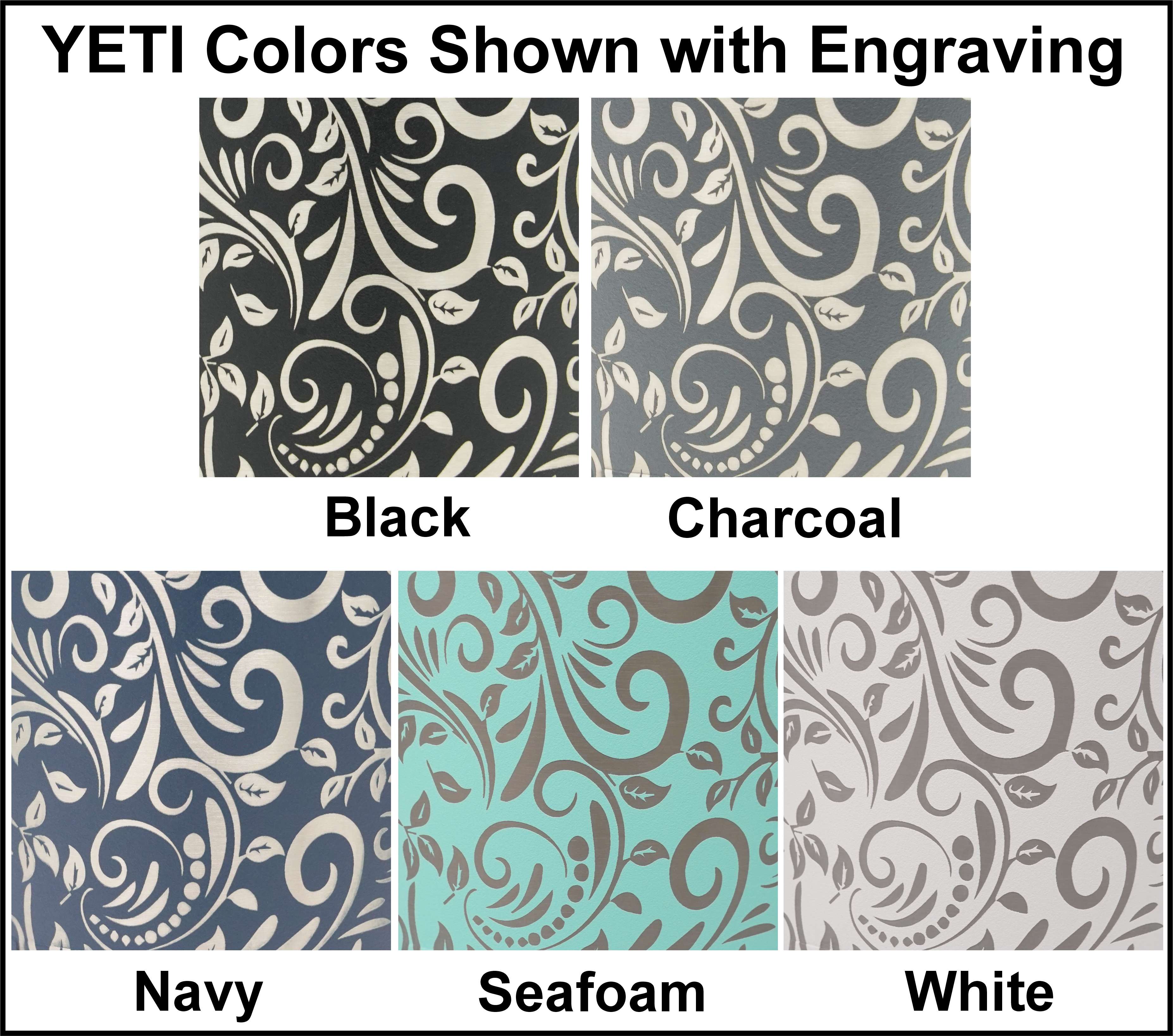 Laser engraved tooled leather pattern shown in each Yeti tumbler color.