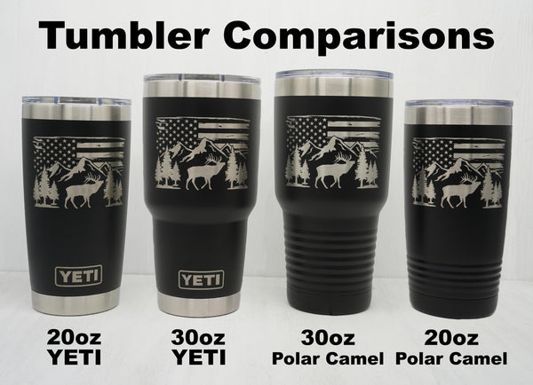 Visual comparison between 30oz YETI, 30pz Polar Camel, 20oz YETI and 20oz Polar Camel laser engraved with elk in the mountains with American Flag scene.