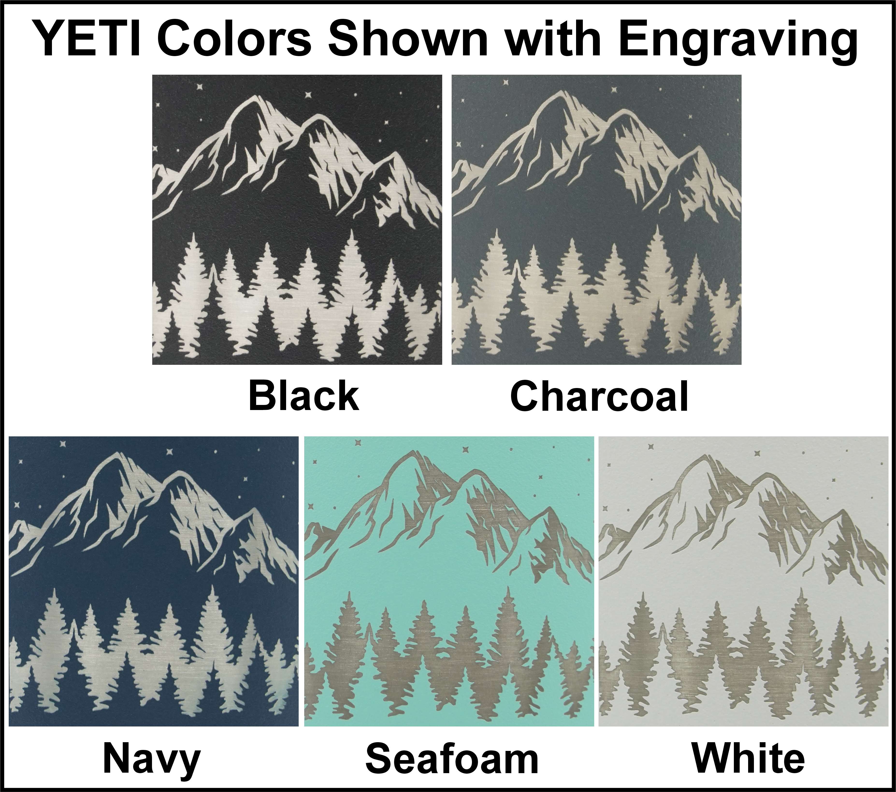 Laser engraved mountains with trees and starry sky shown in each Yeti tumbler color.