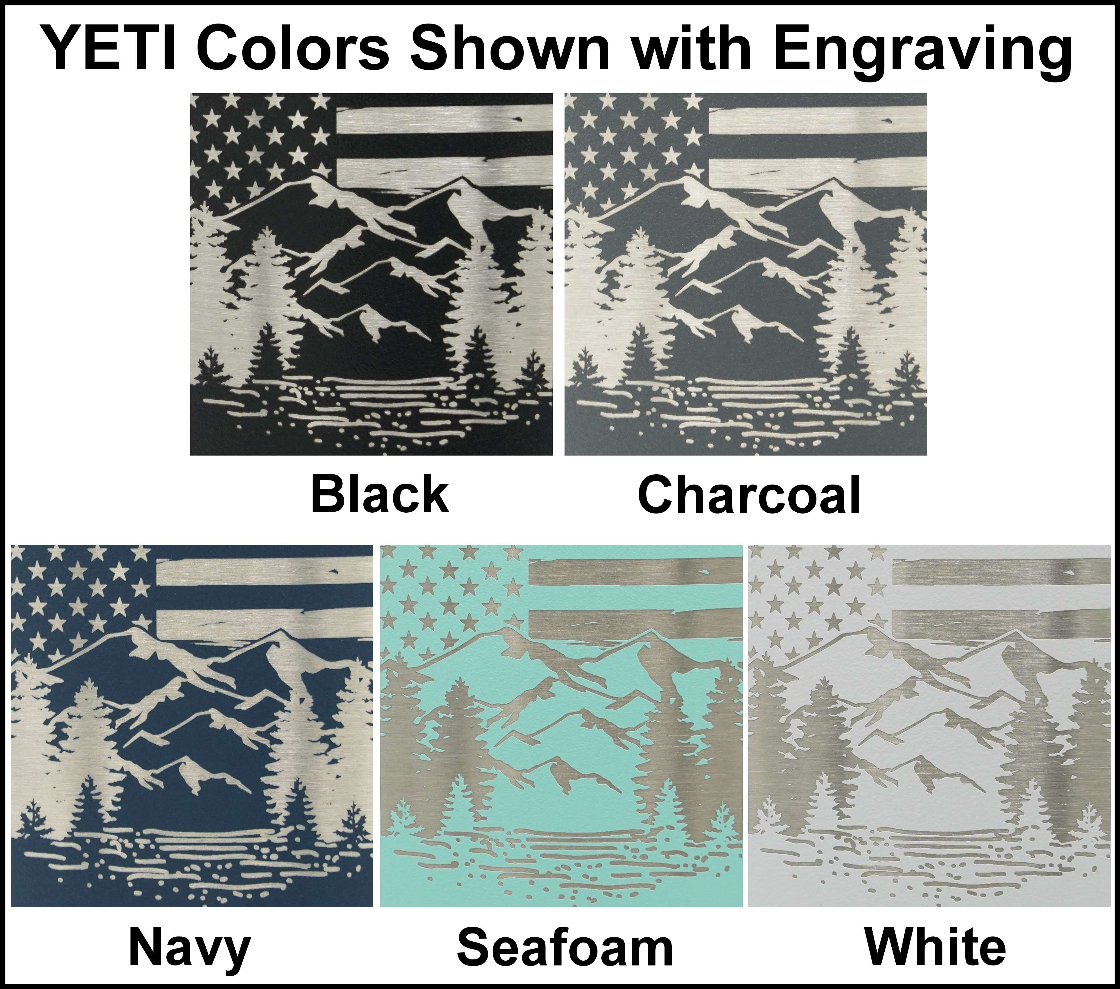 Laser engraved mountains over riverbed with trees outdoors scene shown in each YETI color.