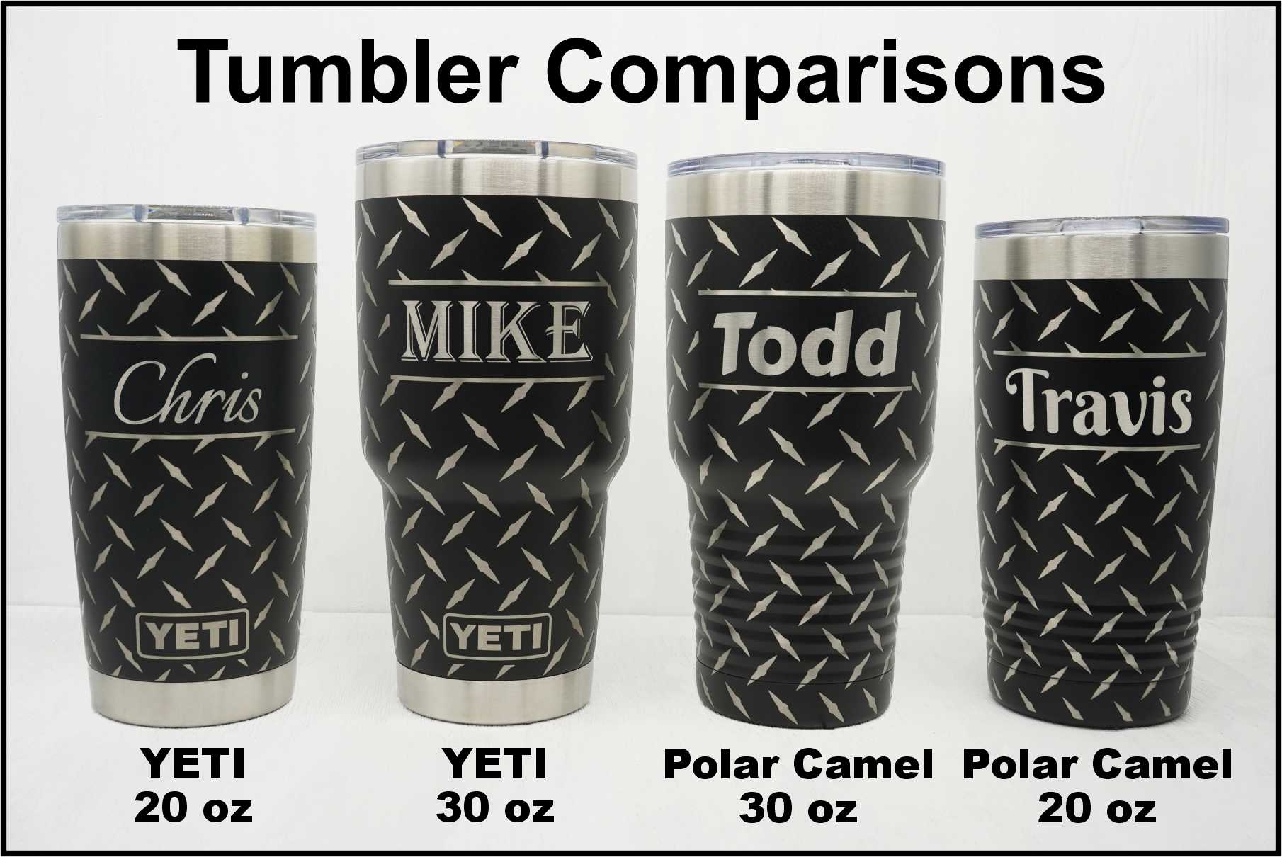 Visual comparison showing 30oz Yeti, 20oz Yeti, 30oz Polar Camel and 20oz Polar Camel engraved with full wrap around toolbox diamond pattern with names added.