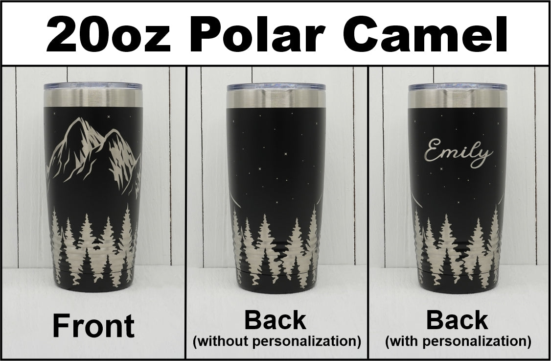 20oz Polar Camel tumbler laser engraved with mountains under starry night sky scene, showing the front, back with design only and back personalized.
