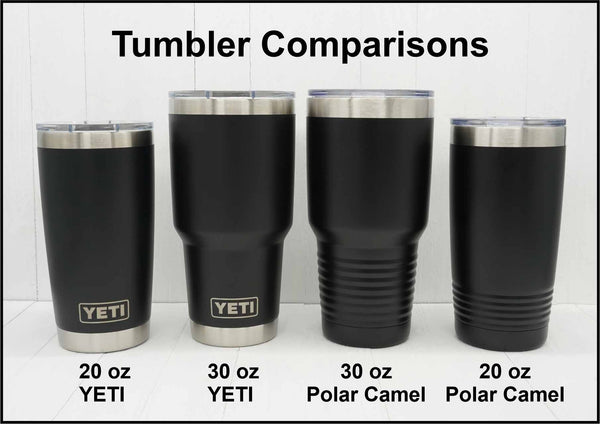 Visual comparison showing 30oz Yeti, 20oz Yeti, 30oz Polar Camel and 20oz Polar Camel.
