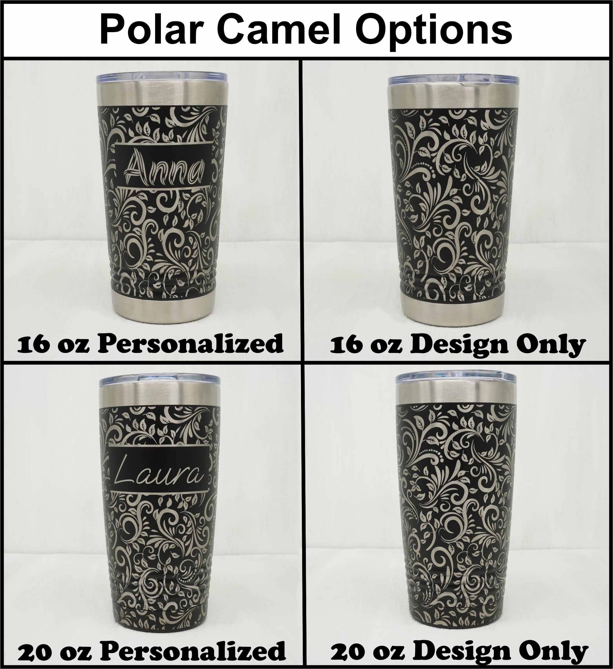 Polar Camel tumblers in 20oz and 16oz showing laser engraving with tooled leather pattern both with the design only and with a name added.