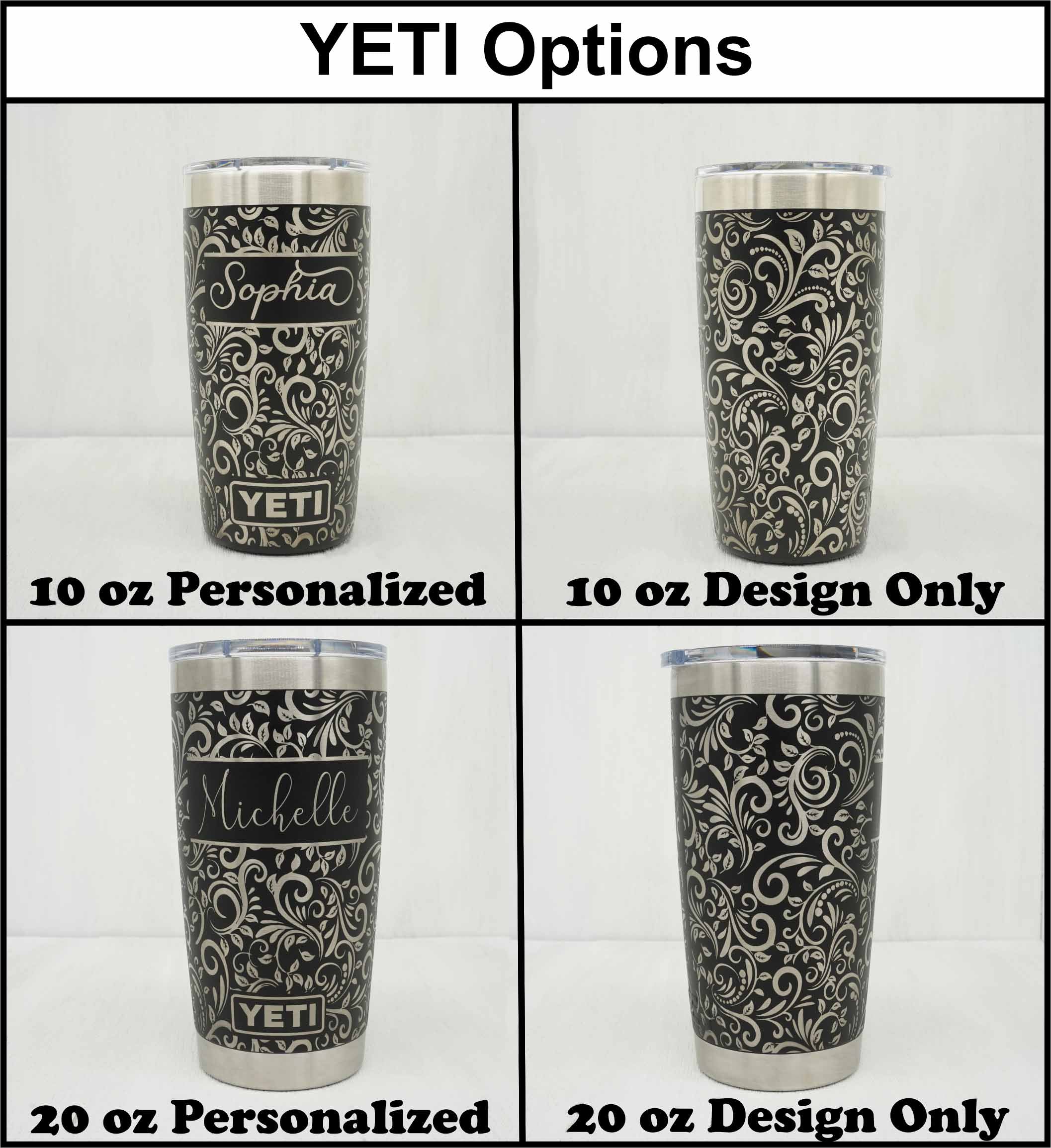 Yeti tumblers in 20oz and 10oz showing laser engraving with tooled leather pattern both with the design only and with a name added.