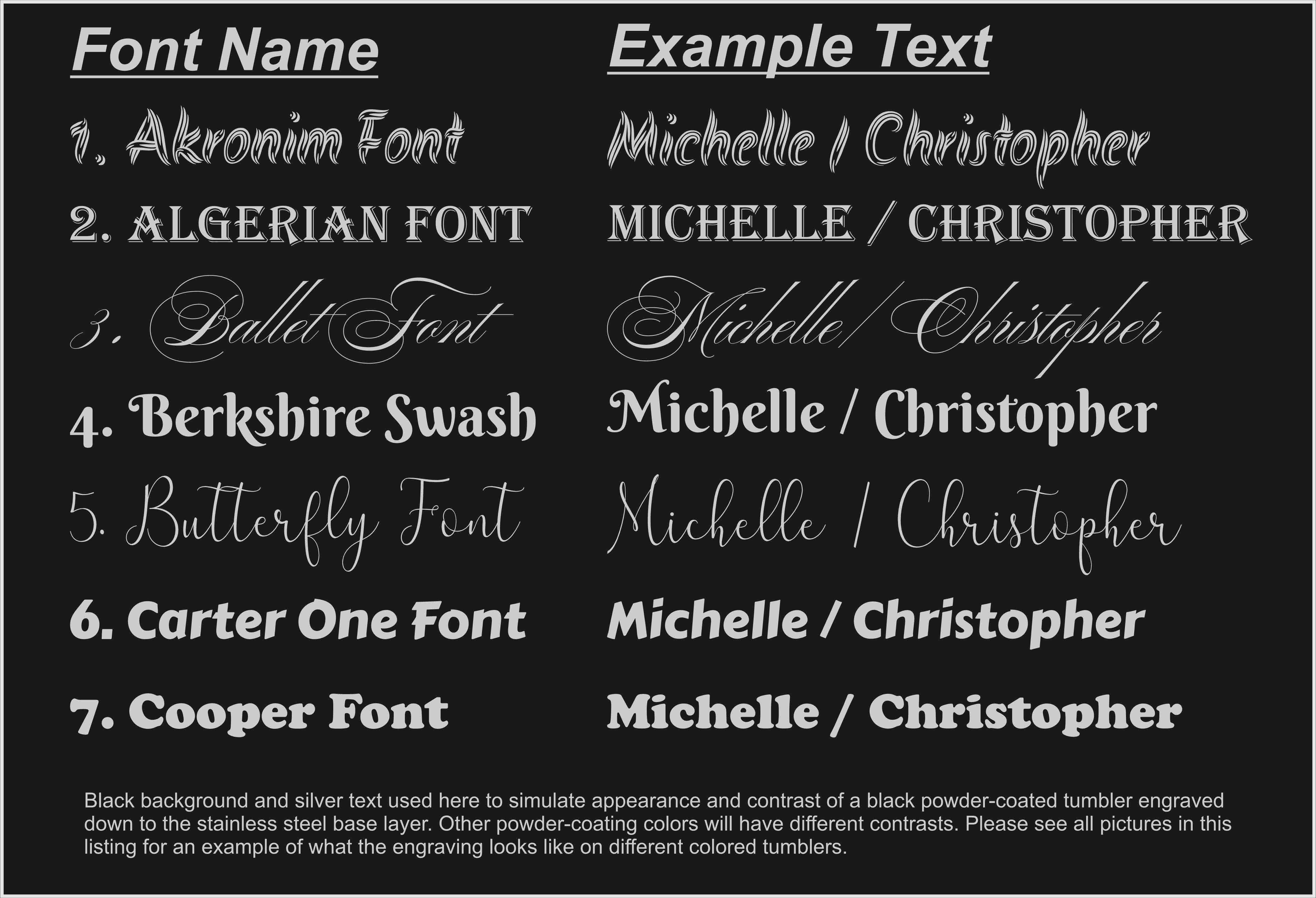 Fonts available for personalization.