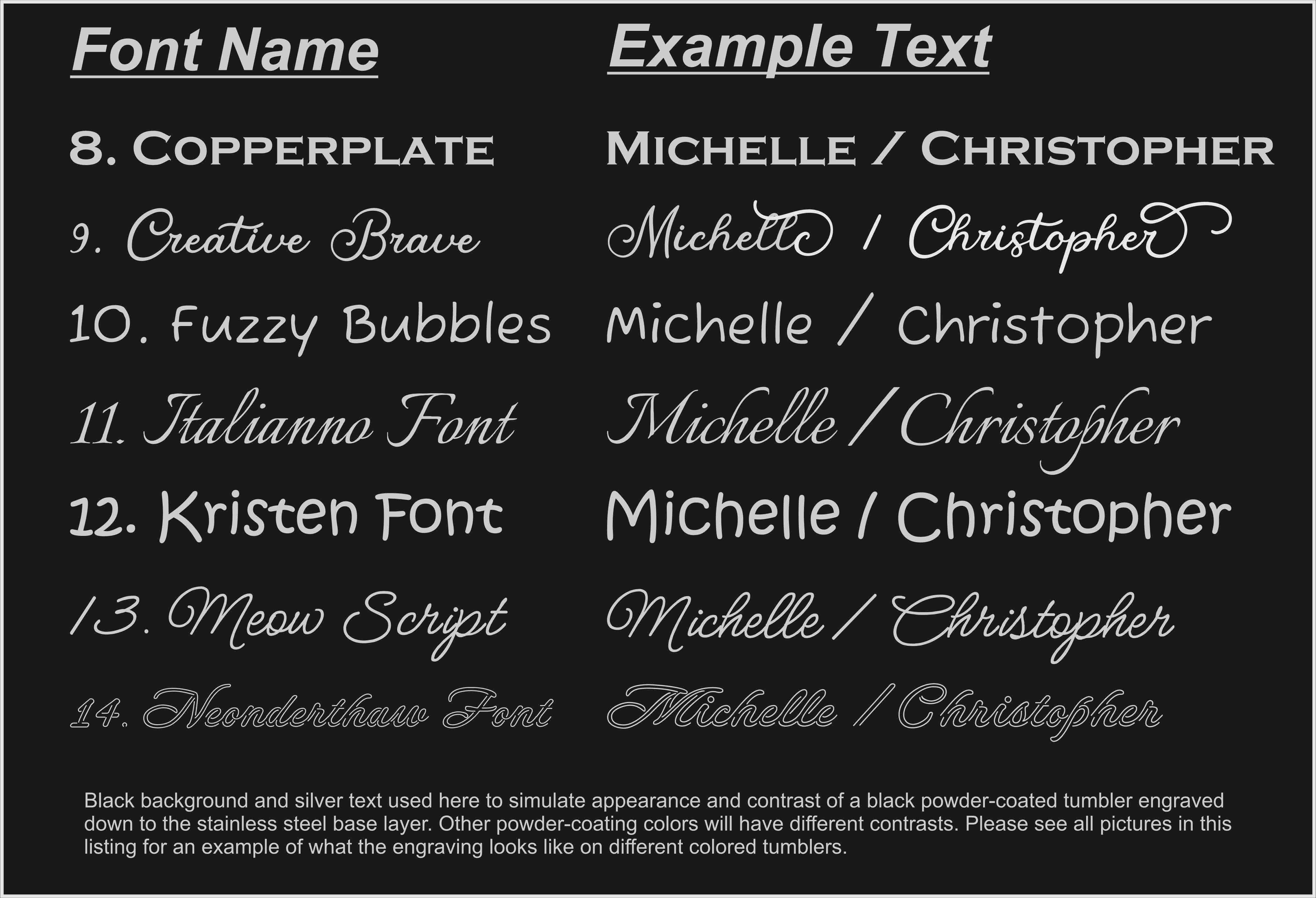 Fonts available for personalization.