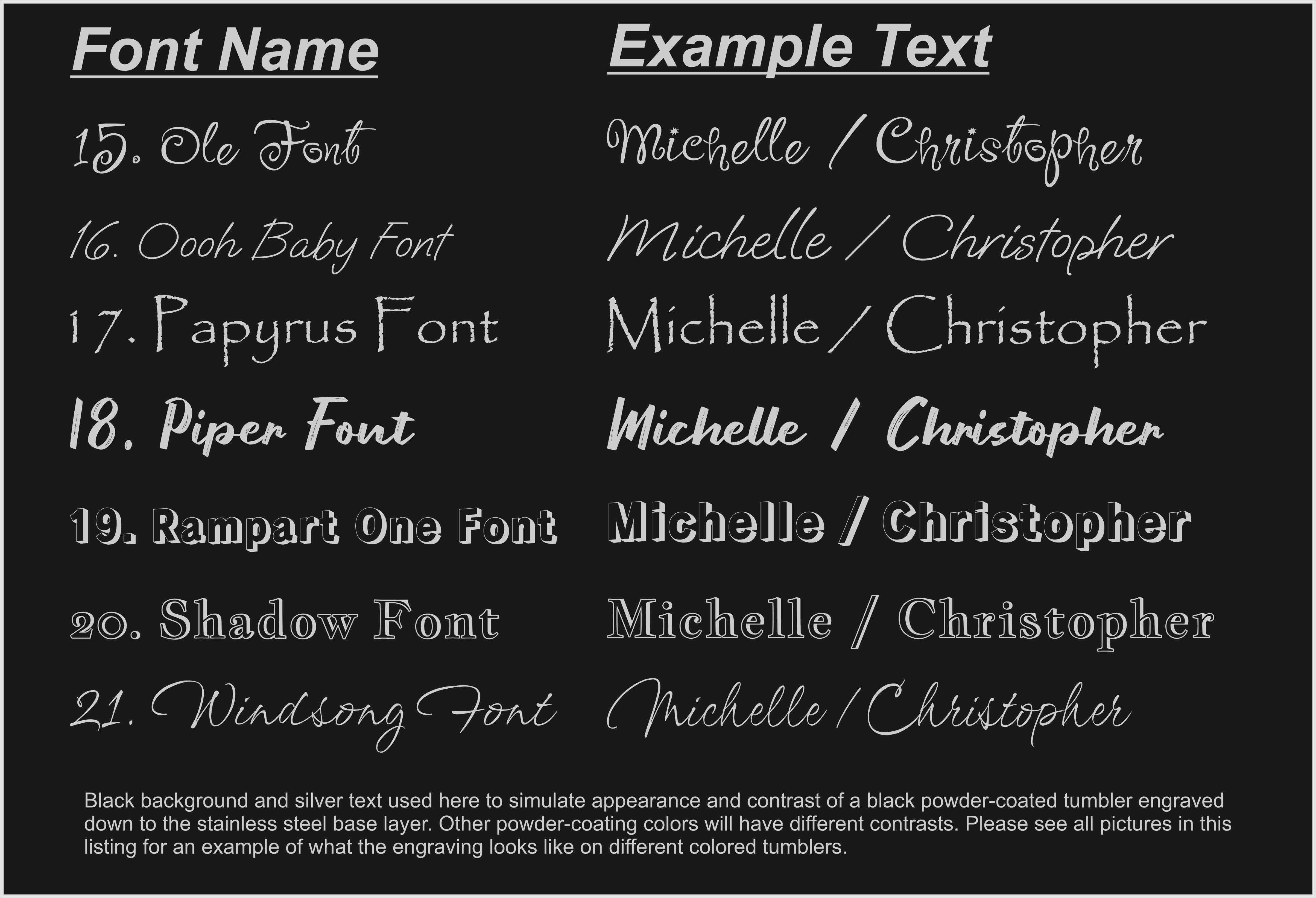 Fonts available for personalization.