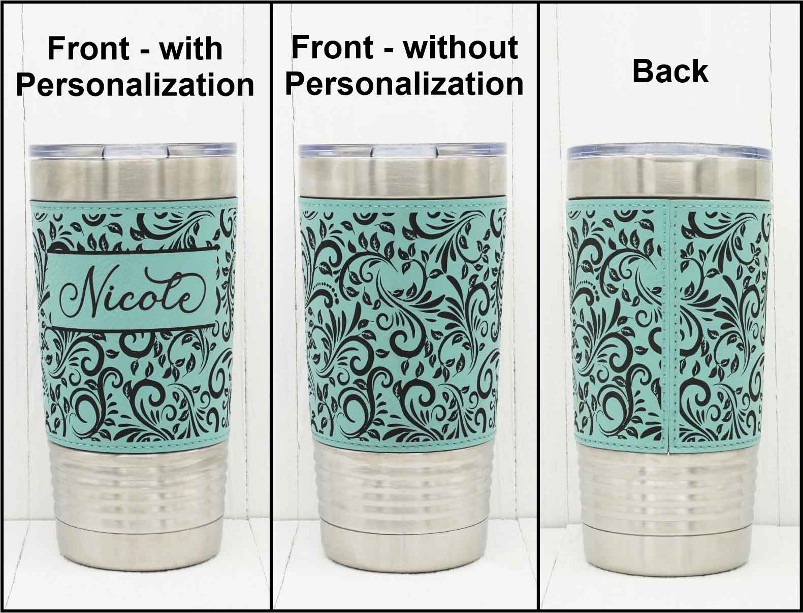 Visual comparison between tooled leather pattern with and without a name.  Also, detail showing the back of the tumbler of the leatherette seam.