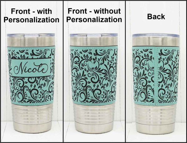 Visual comparison between tooled leather pattern with and without a name.  Also, detail showing the back of the tumbler of the leatherette seam.