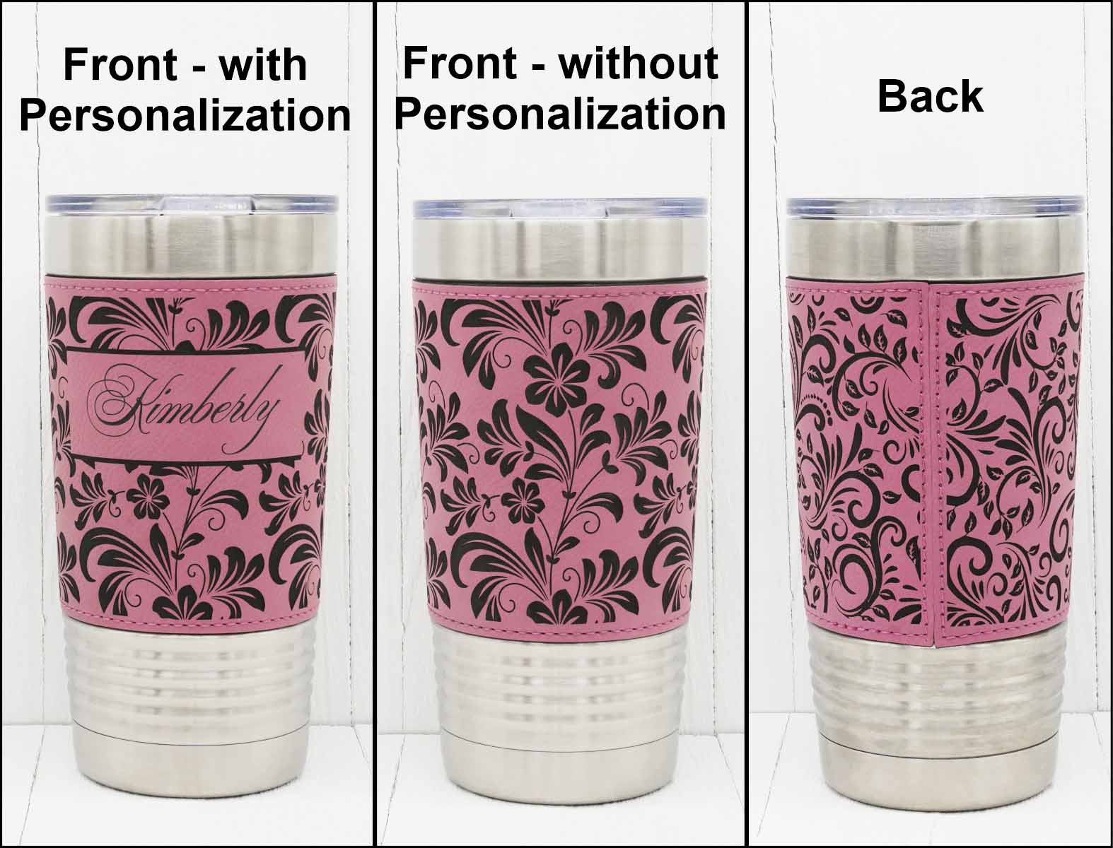 Visual comparison between hibiscus flower pattern with and without a name. Also, detail showing the back of the tumbler of the leatherette seam.