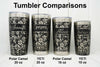 Visual comparison showing 20oz Yeti, 20oz Polar Camel, 10oz Yeti and 16oz Polar Camel engraved with full wrap around hibiscus flower pattern with names added.