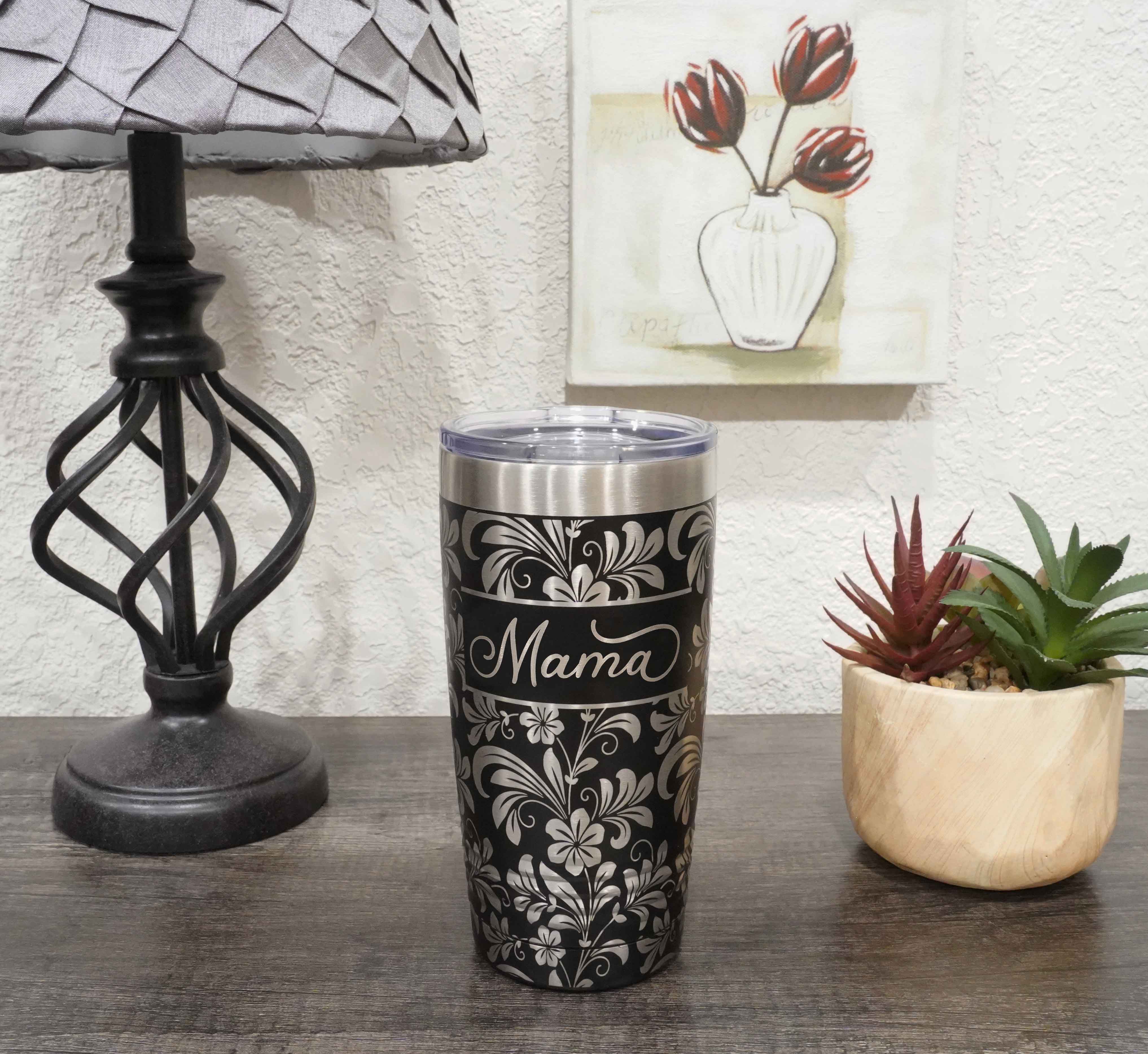 Gift for Mom - Yeti and Polar Camel tumblers laser engraved all the way around the tumbler with a hibiscus flower pattern for a 360 degree full wrap around design.