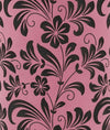 Zoom-in of the detail showing the hibiscus flower pattern on pink/black leatherette.