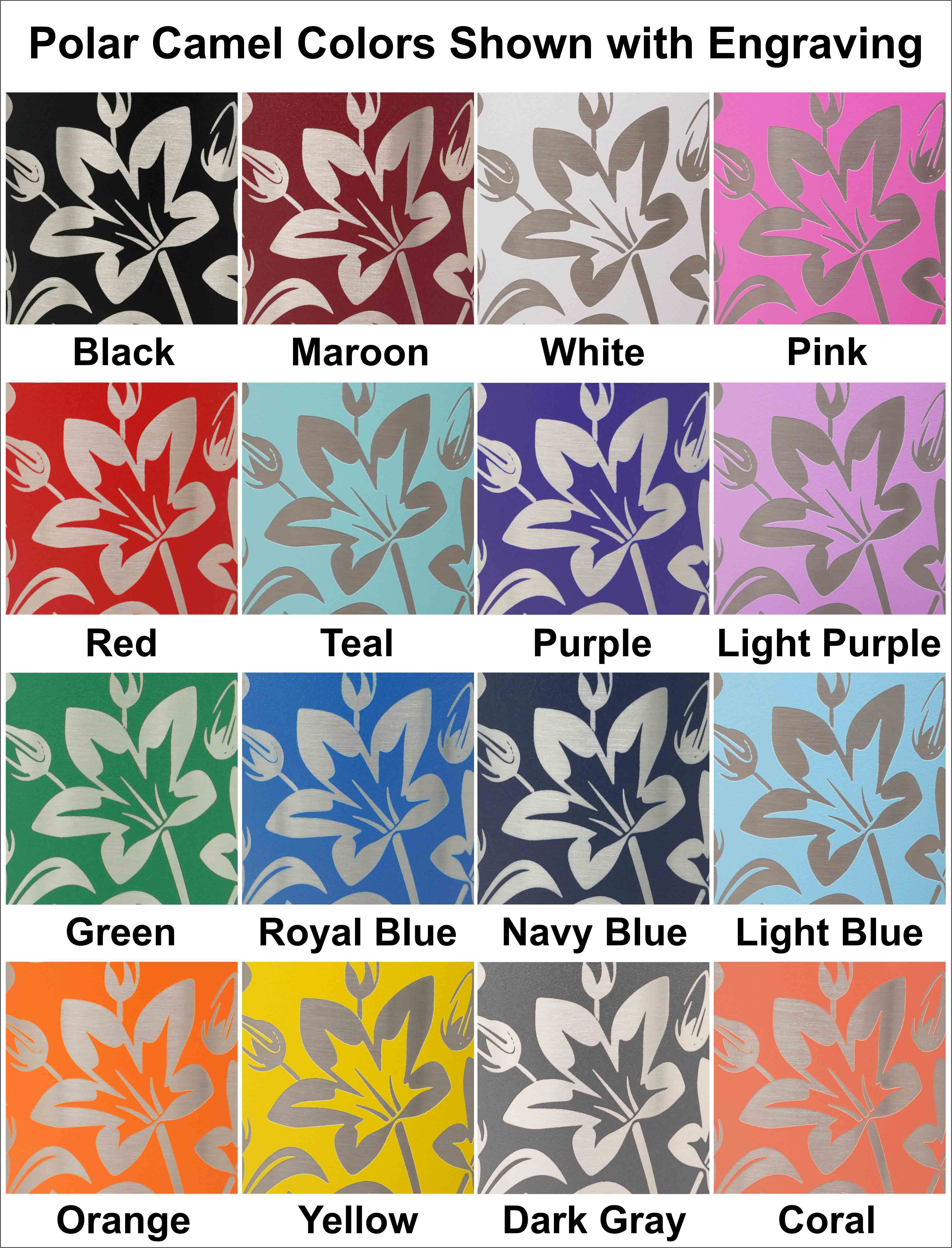 Laser engraved lily flower pattern shown in each Polar Camel tumbler color.