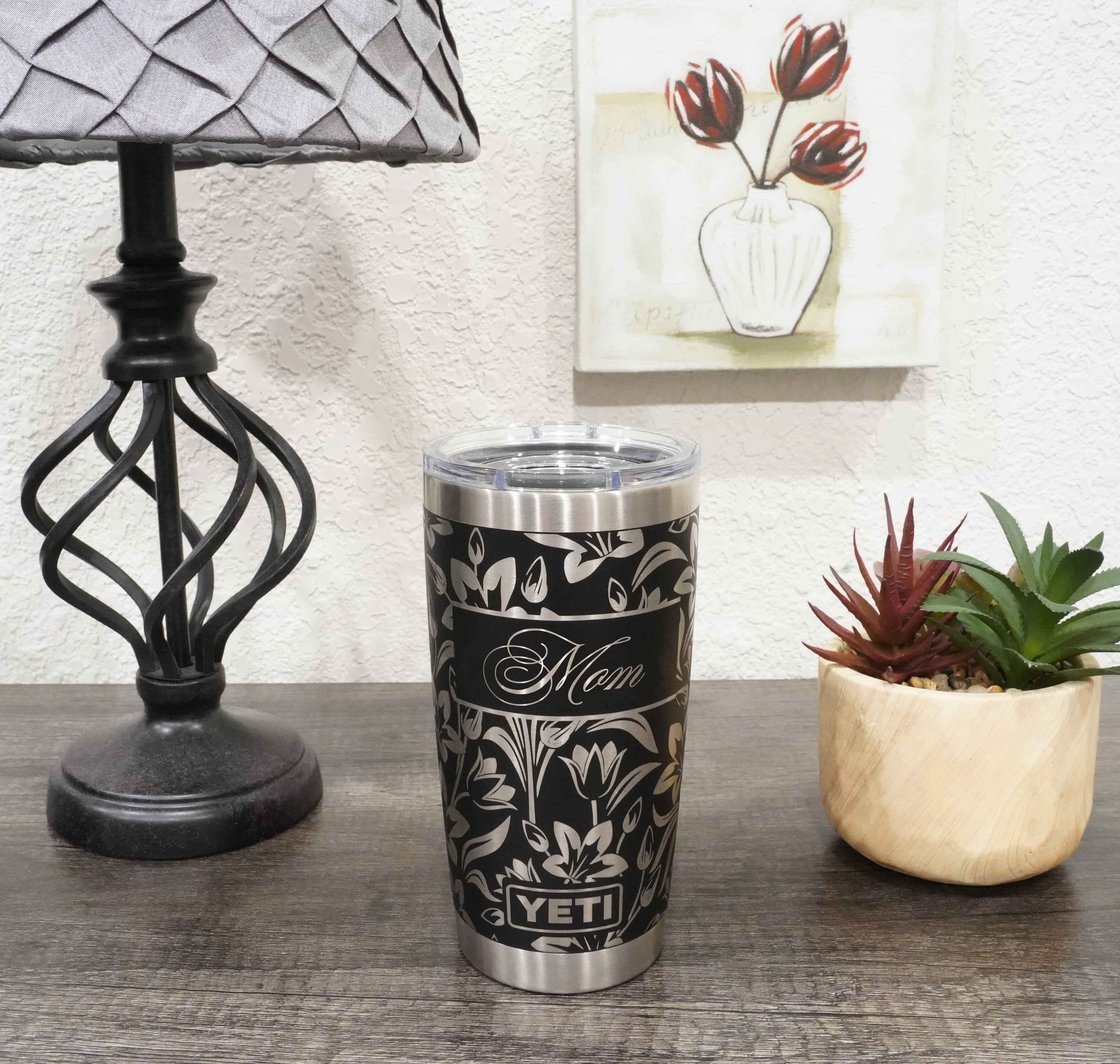 Gift for Mom - Yeti and Polar Camel tumblers laser engraved all the way around the tumbler with a hibiscus flower pattern for a 360 degree full wrap around design.