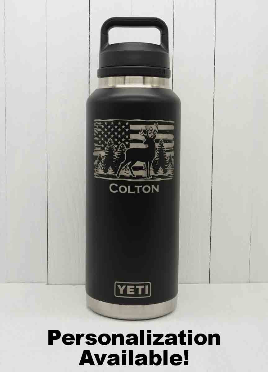 Laser Engraved YETI® or Polar Camel Water Bottle - Deer with American Flag Design