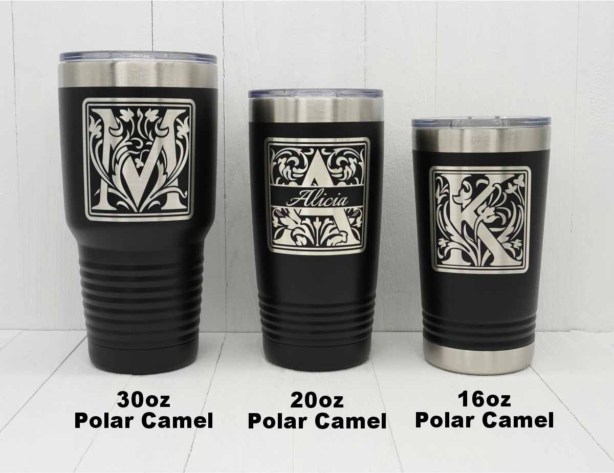 Visual comparison showing 30oz Polar Camel, 20oz Polar Camel and 16oz Polar Camel engraved with floral patterned monogram initials.