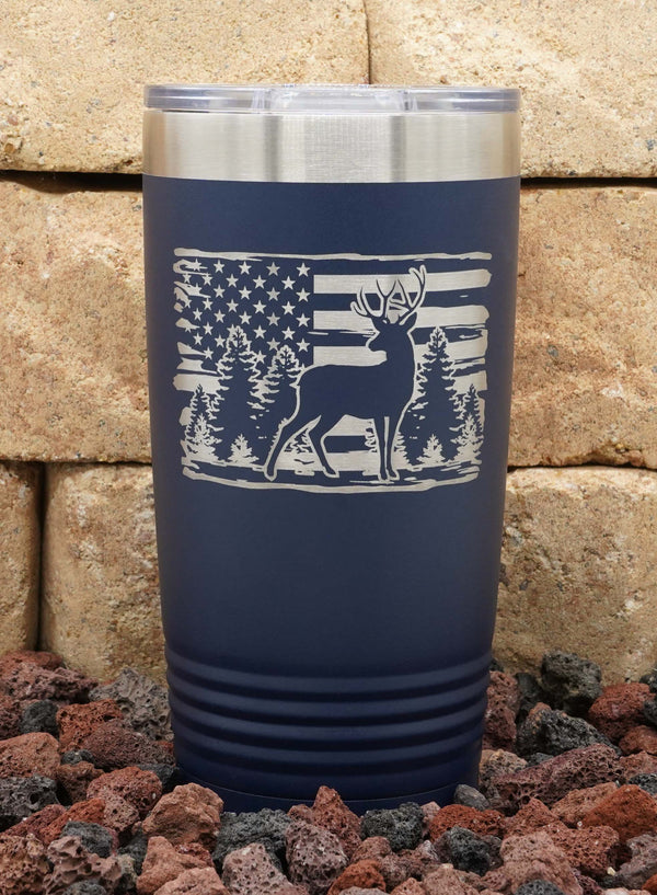 Laser Engraved YETI® or Polar Camel Water Bottle - Deer with American Flag  Design