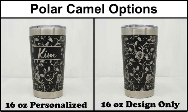 Laser Engraved YETI® or Polar Camel Tumbler with Fancy Flourish Wrap-Around  Design