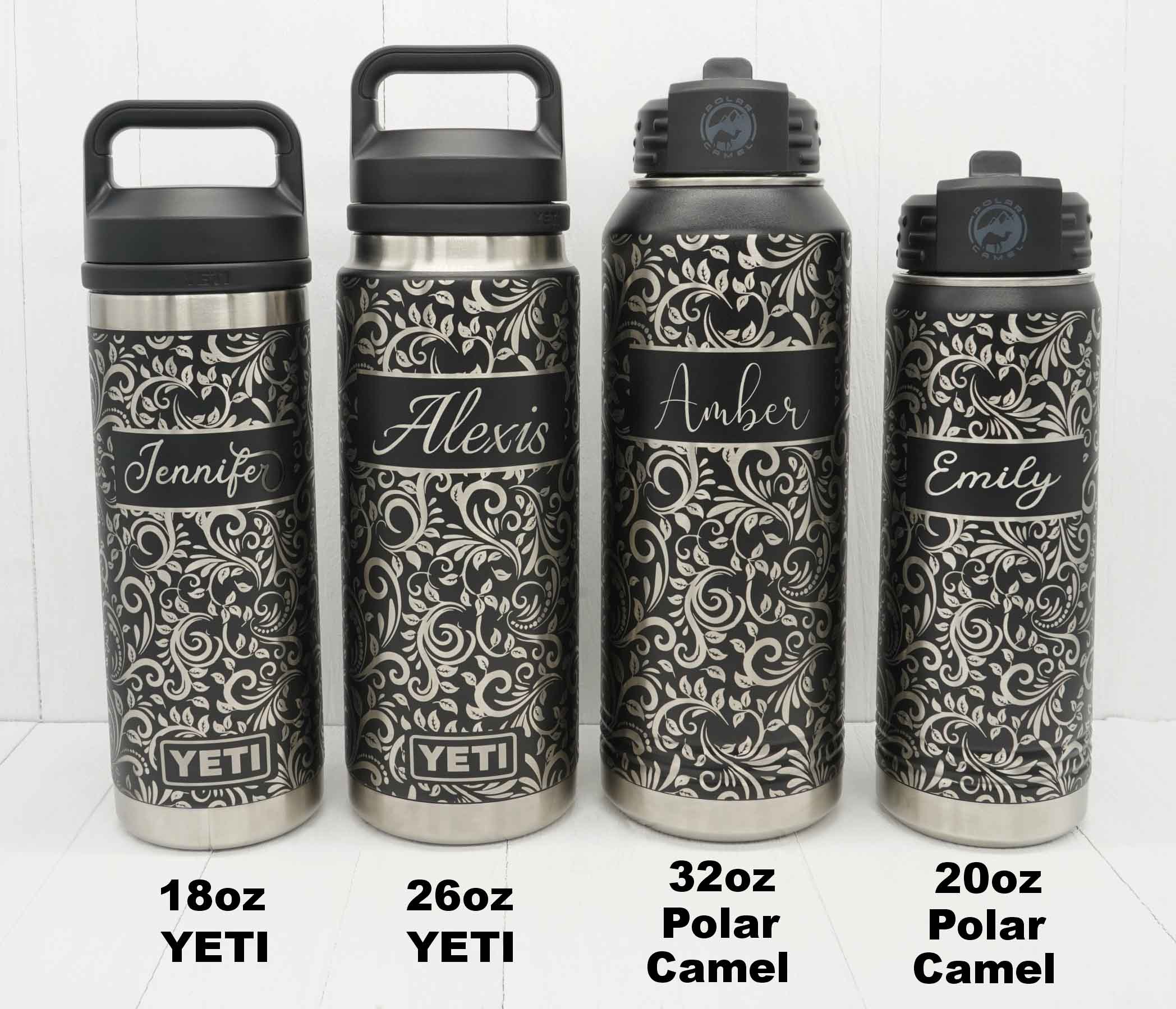 Visual comparison between 26oz Yeti, 18oz Yeti, 32oz Polar Camel and 20oz Polar Camel water bottles with tooled leather design with names added.