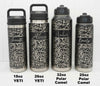 Visual comparison between 26oz Yeti, 18oz Yeti, 32oz Polar Camel and 20oz Polar Camel water bottles with tooled leather design with names added.